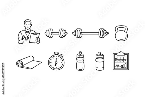 Fitness and Health Icon Set. Containing trainer, weights, kettlebell, yoga mat, timer, water bottle, and more.