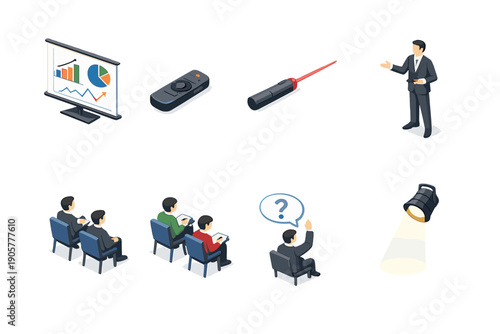 Presentation and Communication Icon Set. Featuring charts, laser pointer, speakers, audience, remote control, spotlight, questions.