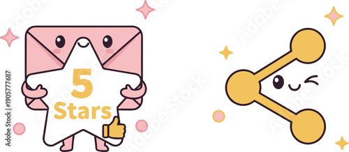 Social Media Interaction Icons with Cute Envelope Holding 5 Stars and Winking Share Link Symbol Character in Kawaii Vector Illustration