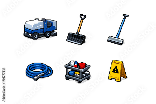Cleaning and maintenance icons set. Containing broom, cart, mop, vacuum, hose, shovel, caution and more.