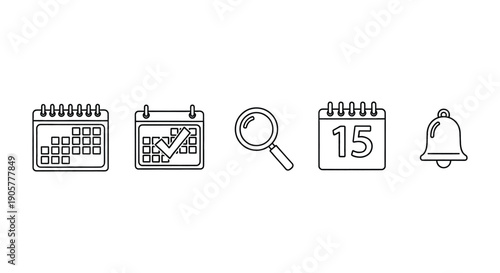 Collection of minimalist outline icons representing scheduling, planning, searching, and important notification alerts