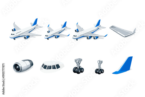 Aircraft and Aviation Icon Set. Featuring airplane, jet, wing, engine, cockpit, tail, landing gear, propeller and more.