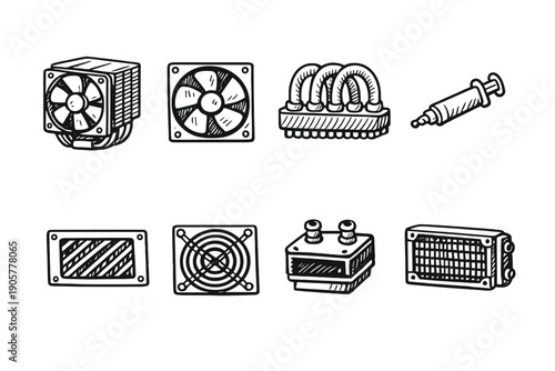 Cooling and HVAC Icon Set. Containing air conditioning, fan, condenser, compressor, refrigerant, evaporator, vent, and more.