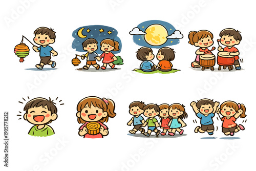 Children Activities Icons Set: Lantern, Moon, Friends, Music, Playing, Joy, Dance, Fun