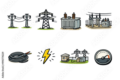 Electricity and power icon set. Containing energy, generator, cable, voltage, meter, distribution, supply, circuit and more.