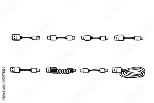 Connectivity and charging icons set. Featuring USB, cable, connector, adapter, charge, link, data, transfer, and more.