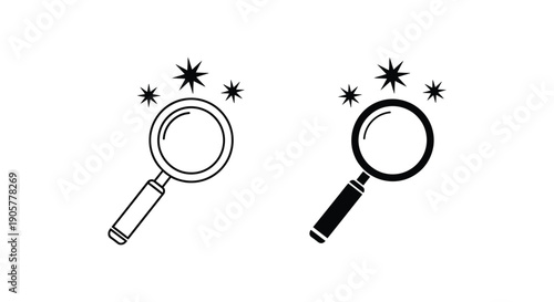 Two styles of magnifying glass icons with sparkles represent successful searching and detailed analysis