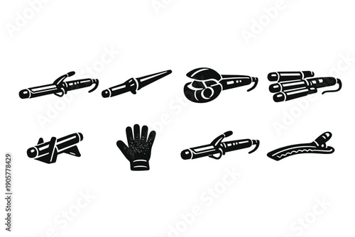 Weapons and tools icon set. Featuring knife, sword, glove, rocket, dagger, scythe, spear, and more.
