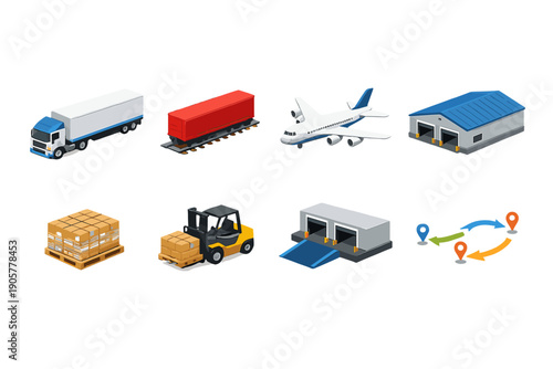 Transportation and Logistics Icon Set. Featuring truck, plane, train, warehouse, cargo, forklift, delivery, shipping and more.