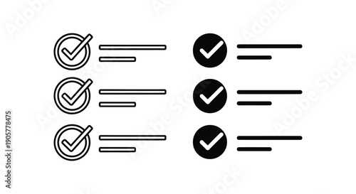 Set of modern checklist icons illustrating completed tasks with associated text placeholders clearly marked