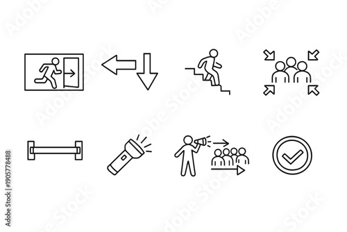 Safety and Emergency Icon Set: Evacuation, Alarm, Exit, Fire, First Aid, Assemble, Aid, Alert, Rescue
