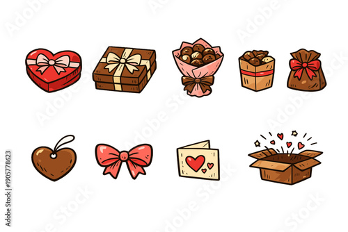 Gift and celebration icon set. Containing present, heart, ribbon, box, chocolate, flowers, card, love and more.