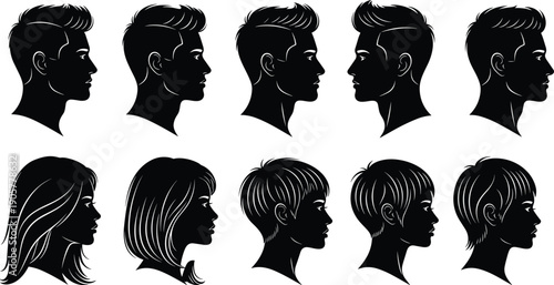 Set of male and female profile silhouettes with different modern hairstyles and haircuts isolated on white background for barbershop and hair salon branding