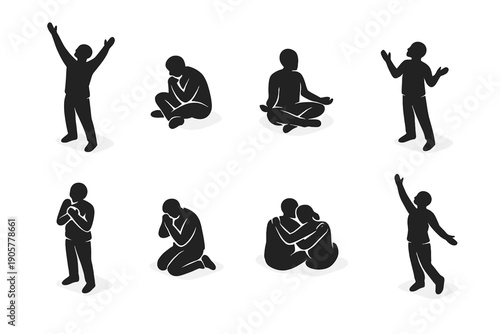 Emotional expression icon set. Featuring joy, sadness, meditation, love, compassion, reflection, despair, and celebration.