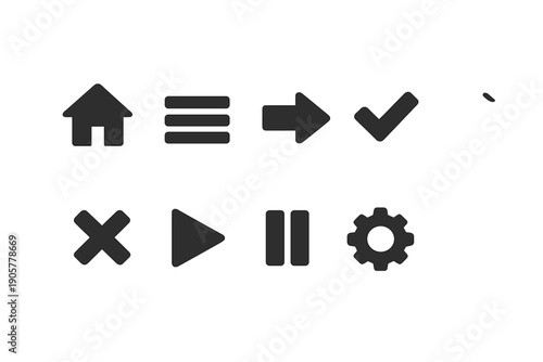 User Interface Icon Set. Containing home, menu, arrow, check, cross, play, pause, settings, and more.
