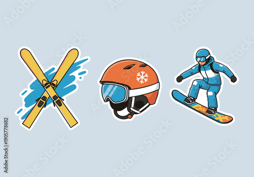 Winter sports equipment sticker set featuring crossed skis orange helmet with goggles and a snowboarder performing a trick on light background