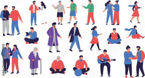 Large collection of diverse people characters in flat design style performing various activities including walking sitting talking playing guitar and relaxing isolated on white