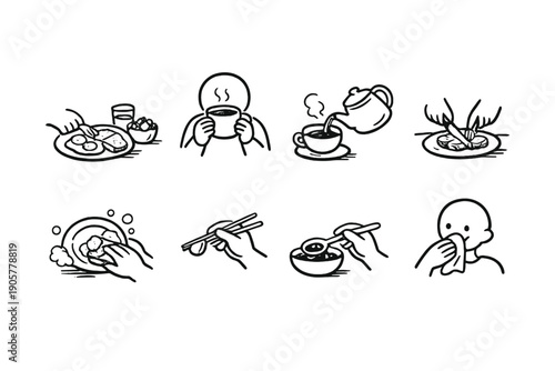 Food and Drink Icon Set. Containing meal, beverage, plate, cup, soup, chopsticks, dining, snack, culinary, cuisine, serving, tea, coffee, sushi, eat, drink, fork, spoon, appetite,