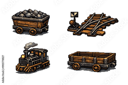 Mining and transportation icon set. Containing cart, coal, railroad, locomotive, track, wagon, and more.