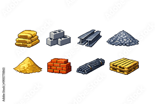 Construction and Building Materials Icon Set. Containing bricks, steel, concrete, pallets, gravel, wood, sand, and more.