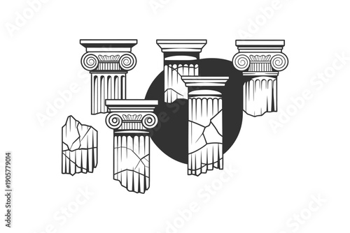 Ancient architectural ruins with classical columns and broken fragments