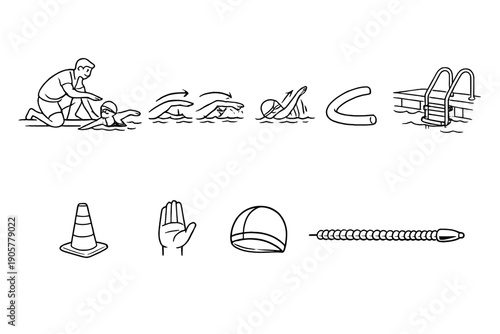 Swimming and safety icon set. Containing swimmer, lifeguard, buoy, pool, rescue, equipment, lane, sign, helmet, and more.