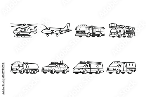 Transport and emergency vehicle icon set. Featuring helicopter, plane, fire truck, ambulance, and more.