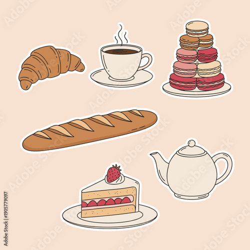 Collection of French Bakery Icons with Croissant Baguette Strawberry Cake Macarons Tea and Coffee for Cafe Menu and Breakfast Food Illustration