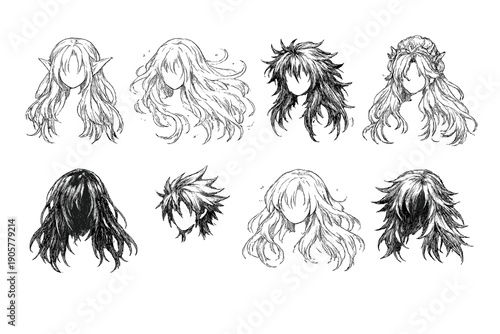 Hair styles icon set. Containing long, short, curly, straight, braided, ponytail, updo, waves, and more.