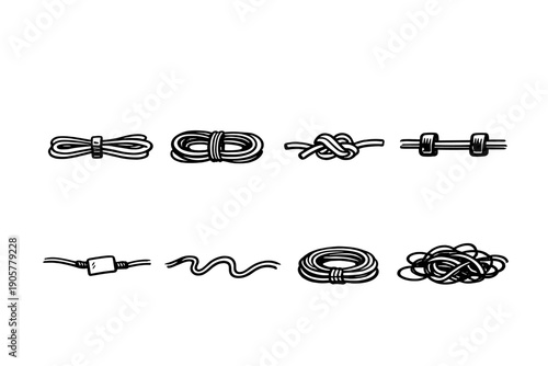 Rope and knot icon set. Featuring ties, loops, bindings, cords, strings, coils, twists, cables, ropes and more.