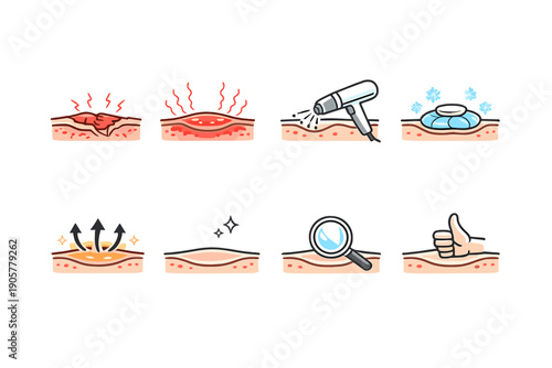 Wound care and treatment icon set. Featuring healing, injury, spray, cooling, inspection, recovery, and more.