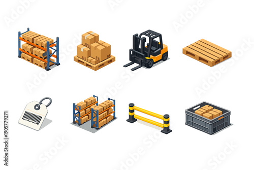 Logistics and warehouse icon set. Containing storage, pallet, forklift, box, inventory, security, barrier, cargo and more.