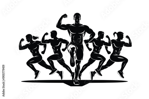 Fitness icon set of people running and exercising in black silhouette