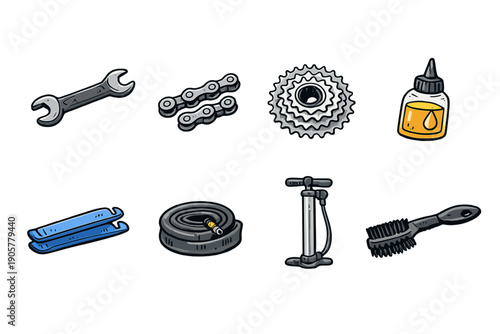 Tools and Maintenance Icon Set: Featuring Wrench, Chain, Gear, Oil, Hose, Pump, and Brush