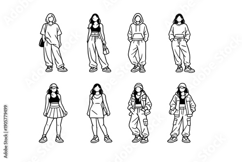 Fashion and style icon set. Featuring casual, streetwear, chic, sporty, retro, trendy, outfits, accessories and more.