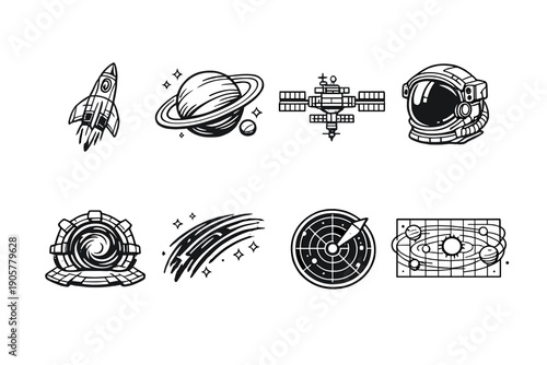 Space icon set. Containing rocket, planet, satellite, astronaut, galaxy, radar, comet, and more.