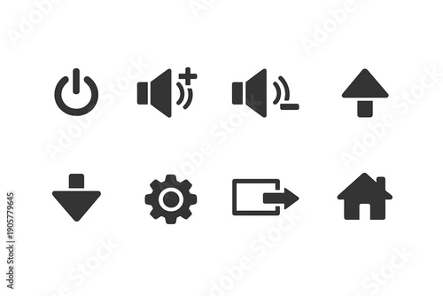 Control and Media Icons Set. Including power, volume, sound, settings, home, up, down, play, pause and more.