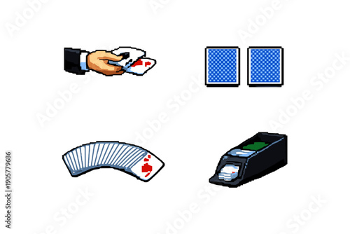 Gaming and Casino Icon Set: Cards, Poker, Chips, Dealer, Bet, Deck, Gamble, Wager, Slots, Table, Hand, Game, Draw, Shuffle, Win, Loss, Odds, Risk, Play, Money, Jackpot, Stake,