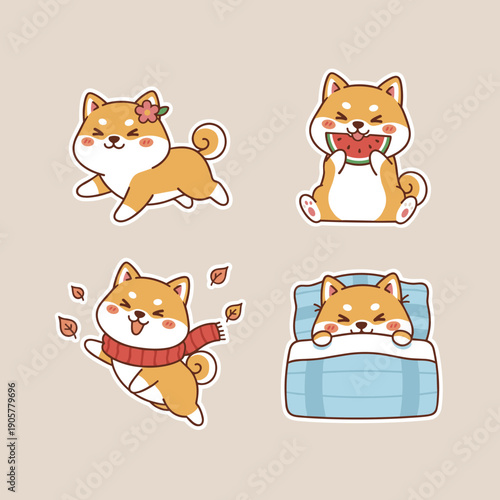 Adorable shiba inu dog stickers set featuring character running eating watermelon wearing scarf in autumn and sleeping in cozy bed illustration