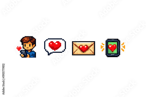 Love and communication icon set. Featuring heart, message, phone, letter, connection, relationship, and more.