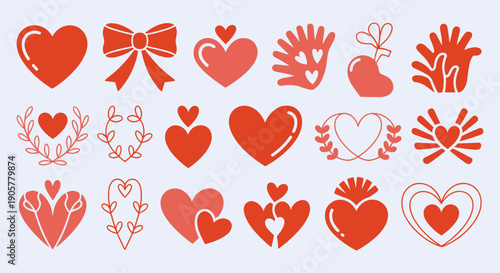 Valentine heart doodle set with minimalist floral and hand icons