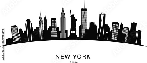 Modern New York City Skyline Silhouette Vector Illustration on Curved Horizon Featuring Statue of Liberty Empire State Building and Text