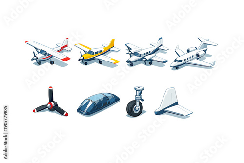 Aviation icons set. Featuring airplane, jet, propeller, cockpit, wing, gear, flight, takeoff, landing, and more.