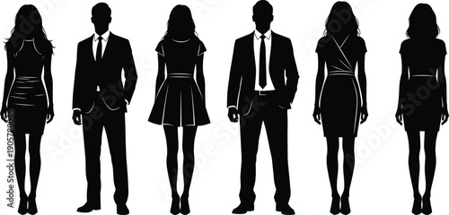 WebSet of elegant business people silhouettes in professional formal wear including suits and dresses standing in confident poses isolated on white background