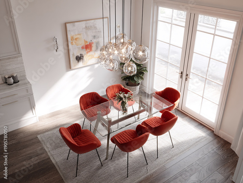 A bright, minimalist dining space featuring vibrant red velvet chairs, a sleek glass-top table, a striking chandelier, and clean white walls with contemporary abstract art.