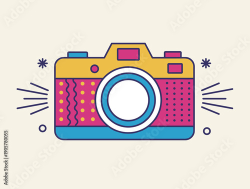 Vibrant colorful retro photo camera icon with geometric patterns and pop art style elements isolated on beige background for creative design