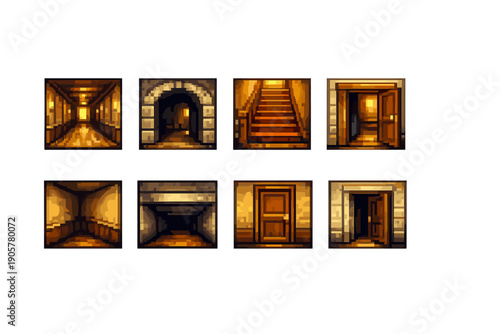 Door and passage icon set. Featuring hallway, entrance, staircase, exit, corridor, threshold, doorway, chamber, tunnel and more.