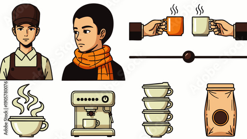 Barista, Customer, Coffee Machine, Hot Drinks, Coffee Beans Bag, Cups Stacked, Cozy Scarf - Illustration Set
