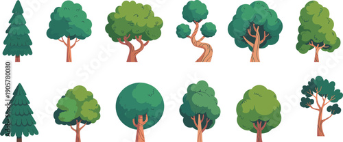 WebSet of flat style green tree illustrations including organic deciduous shapes and coniferous pines isolated on white background for environmental web design and landscape graphics