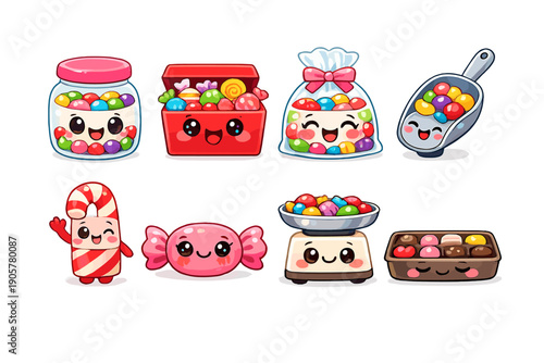 Candy and sweets icon set. Including jar, box, bag, scoop, lollipop, chocolate, gumdrop, and more.